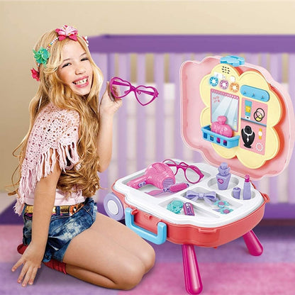 Kidwala 2 In 1 Girls Pretend Play Makeup Bag With Music and Light, Large Rolling Bag, and Table