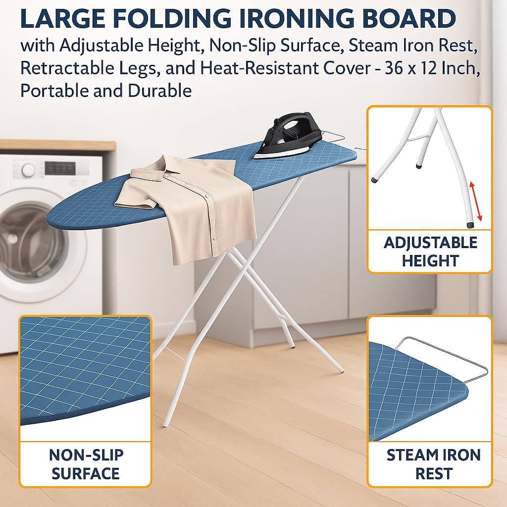 72 Pieces Large Folding Ironing Boards with Adjustable Height (Non-Slip Surface – Steam Iron Rest – Retractable Legs – and Heat-Resistant Cover – 36 x 12 Inch – Portable and Durable – Assorted Colors)