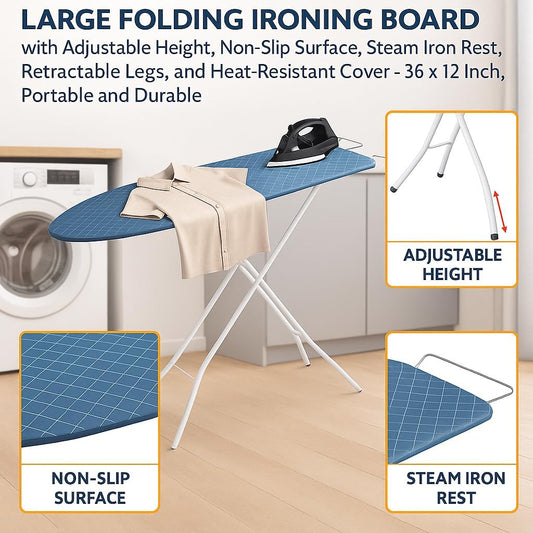 Large Folding Ironing Board with Adjustable Height, Non-Slip Surface, Steam Iron Rest, Retractable Legs, and Heat-Resistant Cover – 36 x 12 Inch, Portable and Durable,Assorted Colors