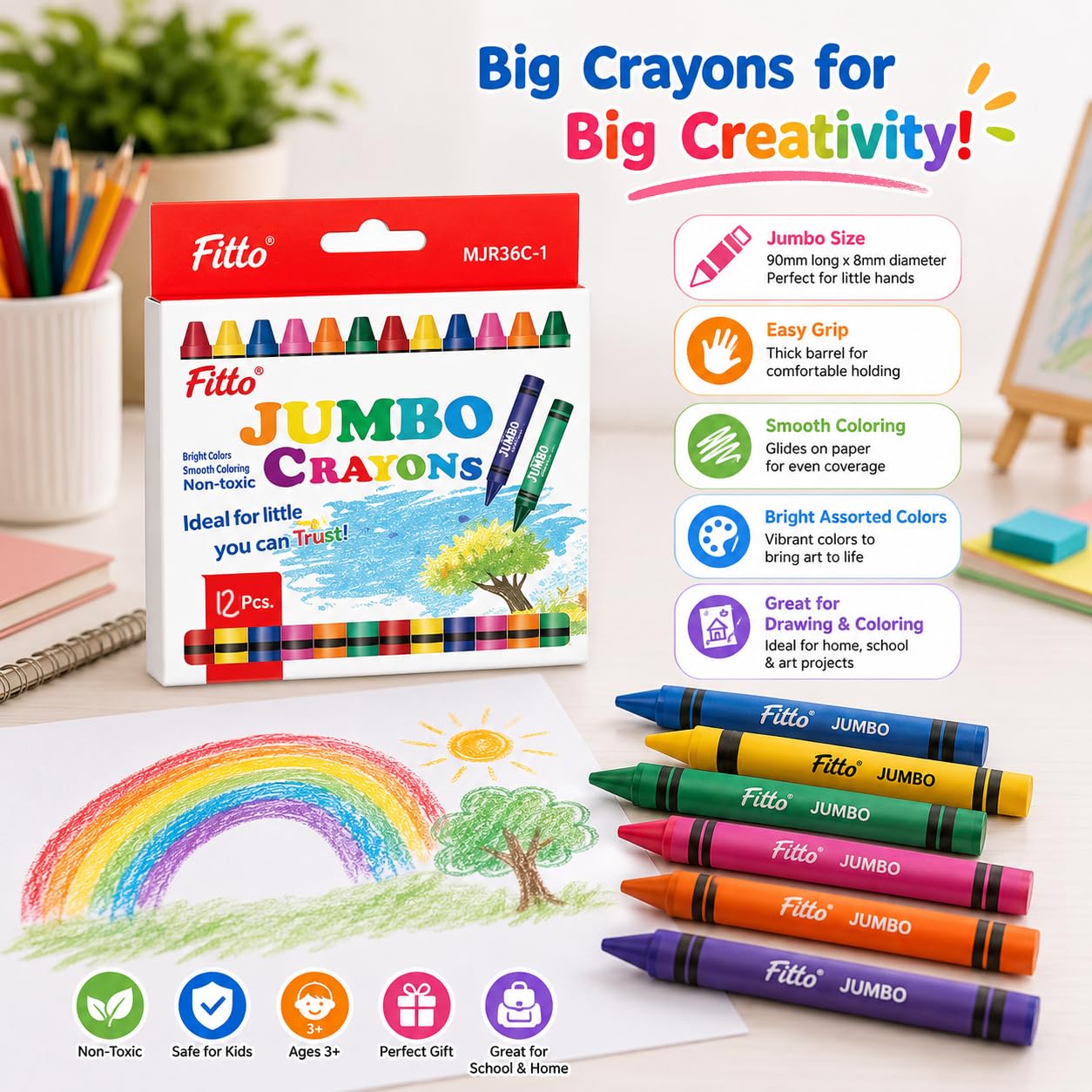 144 Pieces Jumbo Crayons (12-Piece Assorted Colors Set with Easy-Grip Thick Barrels for Drawing – Coloring and Craft Projects)