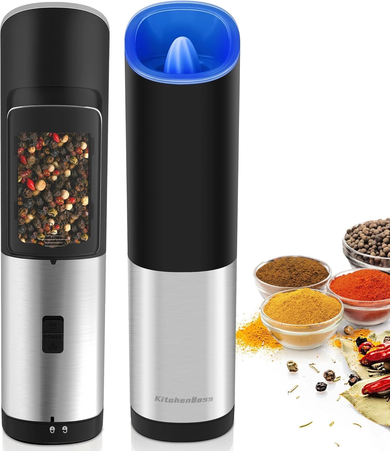 Gravity Electric Pepper Mill, Battery Operated, Automatic Salt Mill with Blue LED Light, One Handed Operation, Adjustable Coarseness, Silver