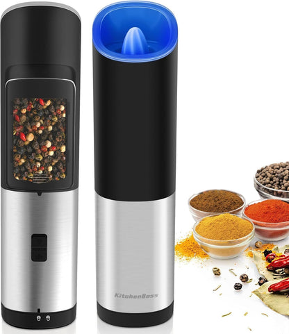 Gravity Electric Pepper Mill, Battery Operated, Automatic Salt Mill with Blue LED Light, One Handed Operation, Adjustable Coarseness, Silver