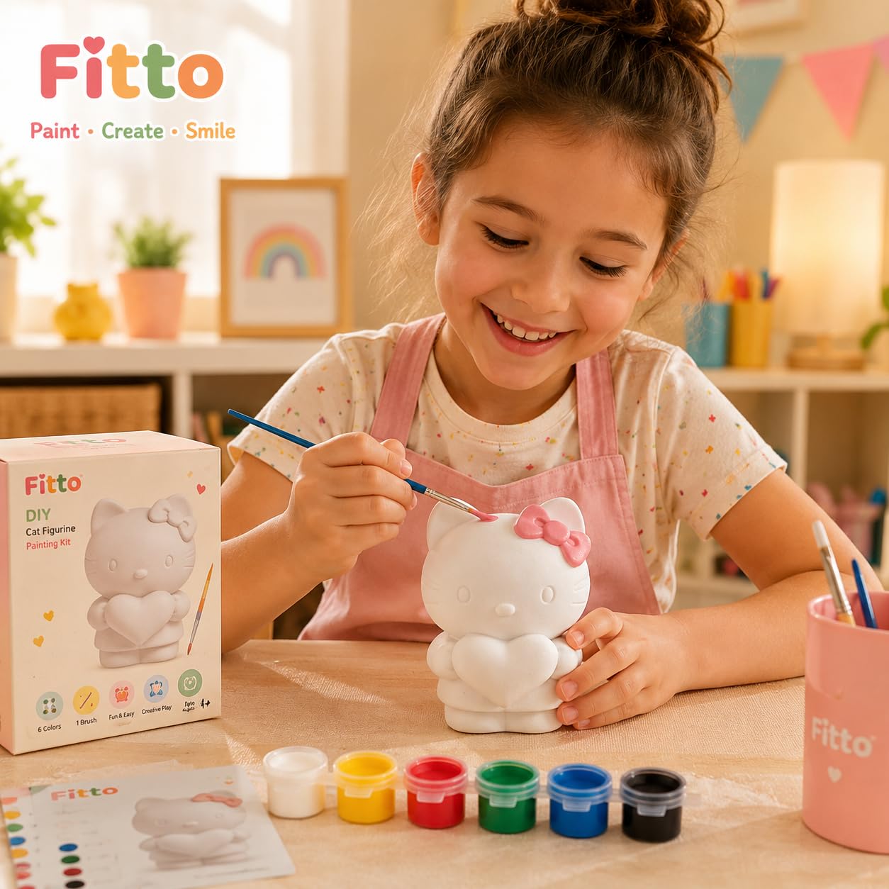 96 Pieces DIY Cat Figurine Painting Kits with White Paintable Model (6 Paint Pots and Brush – Assorted Colors)