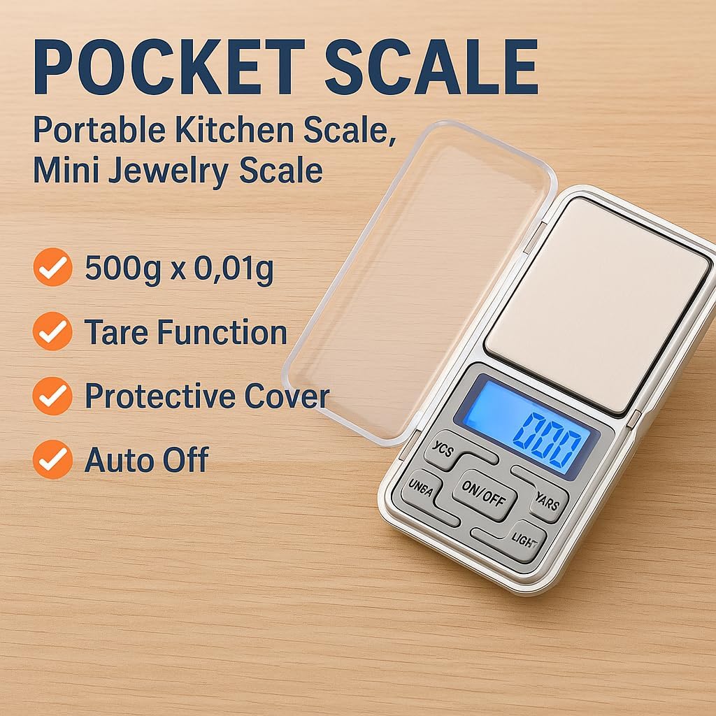 96 Pieces Pocket Scales (Portable Kitchen Scale – Mini Jewelry Scale – 500g x 0.01g – Tare Function – Protective Cover – Auto Off)