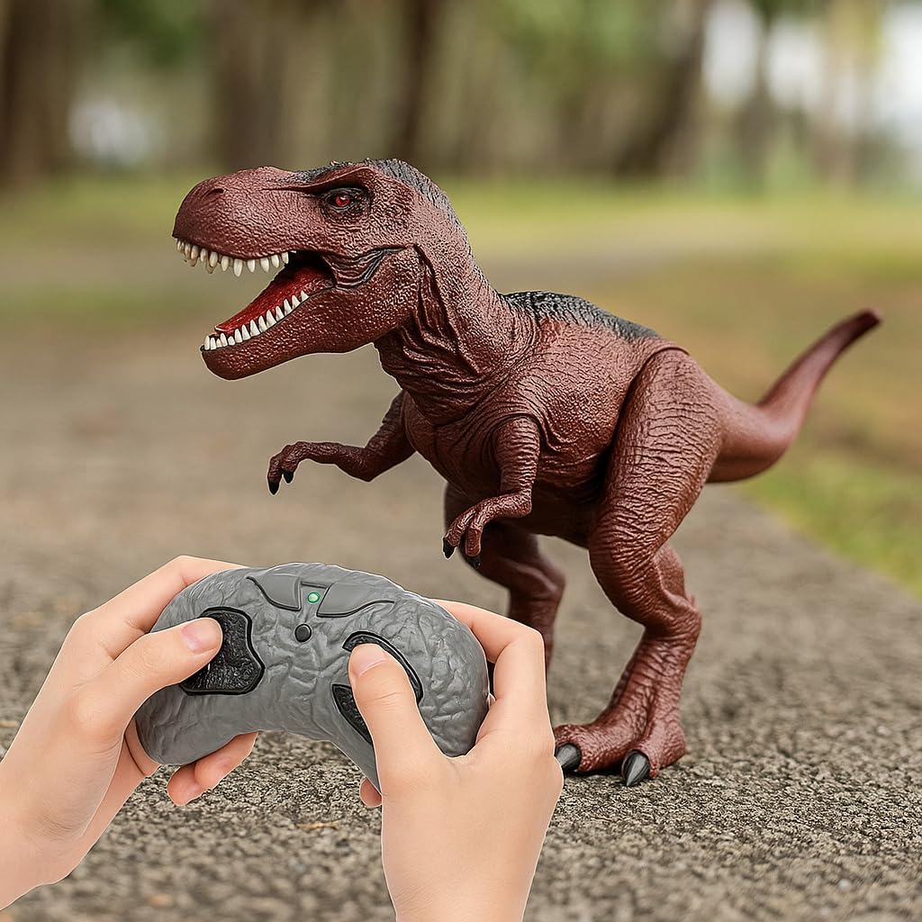 72 Pieces Remote Control Trex Dinosaur Toys with Rolling Legs (Glowing Eyes – Sounds and Light – Brown)