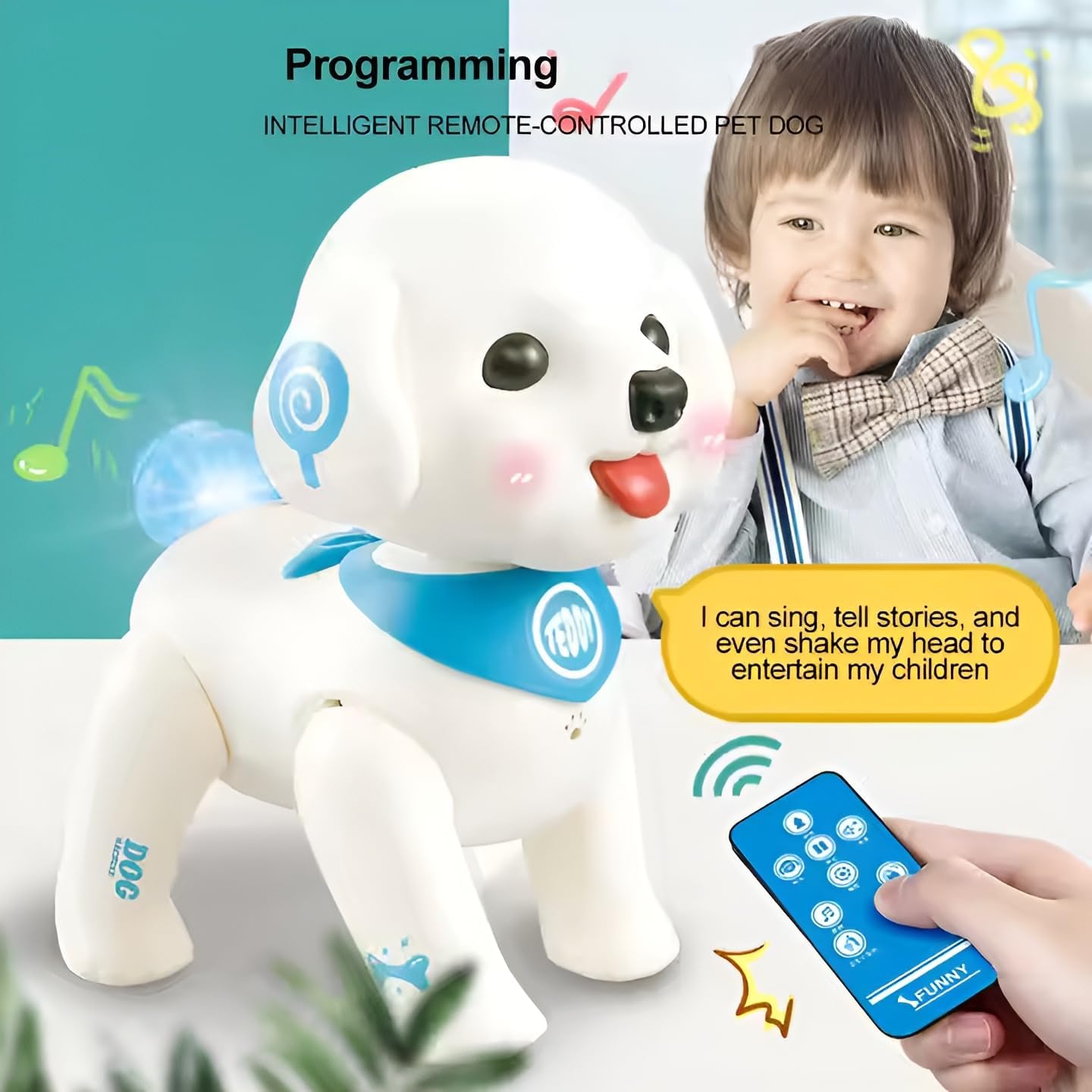Interactive Remote Control Pet Dog Toy - Rechargeable, Music, Dancing & Stunt Capabilities, White & blue