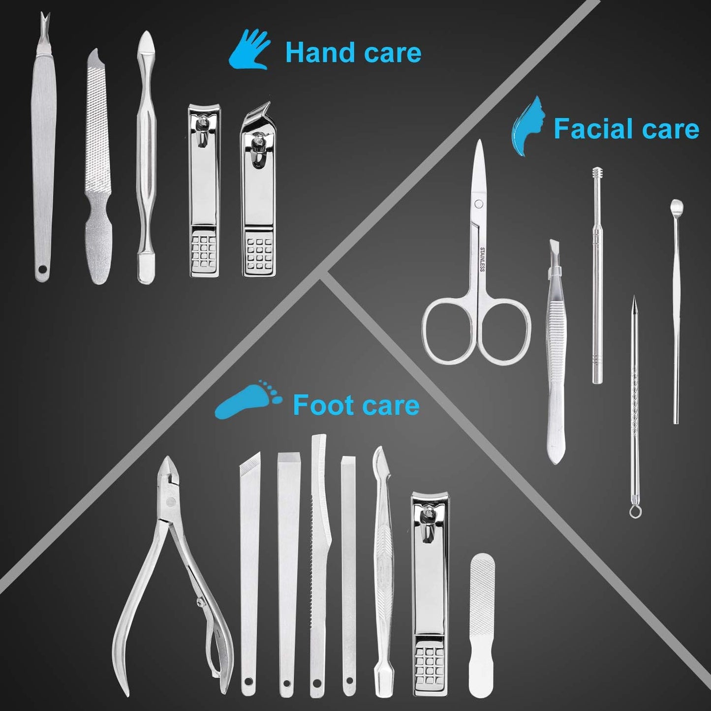 Nail Clippers Set, 18-Piece Stainless Steel Professional Manicure and Pedicure Kit, Fingernail & Toenail Clipper Cutters with Luxurious Travel Case, Grooming Tools for Men & Women by