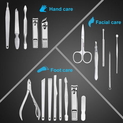 Nail Clippers Set, 18-Piece Stainless Steel Professional Manicure and Pedicure Kit, Fingernail & Toenail Clipper Cutters with Luxurious Travel Case, Grooming Tools for Men & Women by