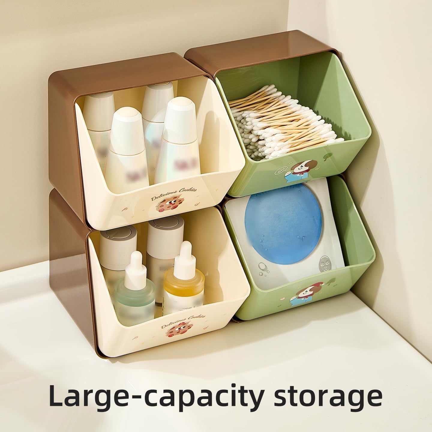 96 Pieces Stackable Cosmetic Organizer - Brown and Green -s (10x10x20 cm - Plastic Storage Solution)