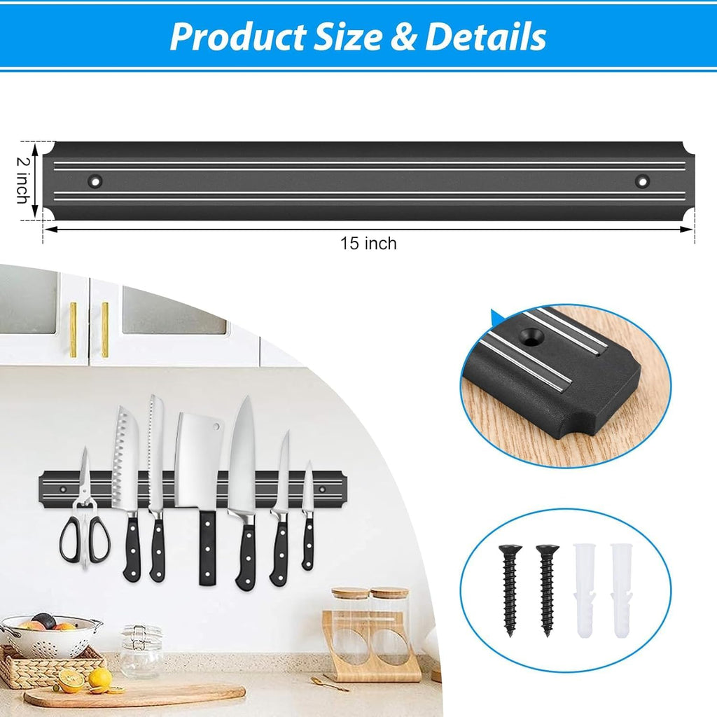 96 Pieces 15 Inch Magnetic Knife Holder Set of 2s (Black Powerful Magnetic Knife Strip for Wall Mount – Space-Saving Magnetic Knife Rack with Screws for Kitchen Tools Utensils)