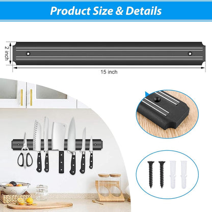 15 Inch Magnetic Knife Holder Set of 2, Black Powerful Magnetic Knife Strip for Wall Mount, Space-Saving Magnetic Knife Rack with Screws for Kitchen Tools Utensils
