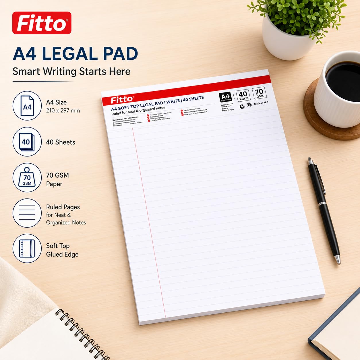 120 Pieces A4 Ruled Legal Pads (40 Sheets – 70 GSM White Paper – Top-Bound Writing Pad for Office – School and Home)