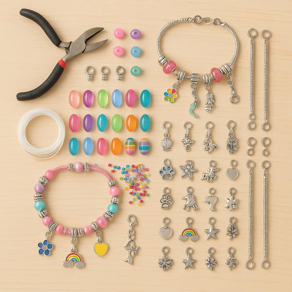 72 Pieces 130-Piece Bracelet and Pendant Making Kits with Premium Metal & Glass Pendants (Includes Pink Storage Bag)