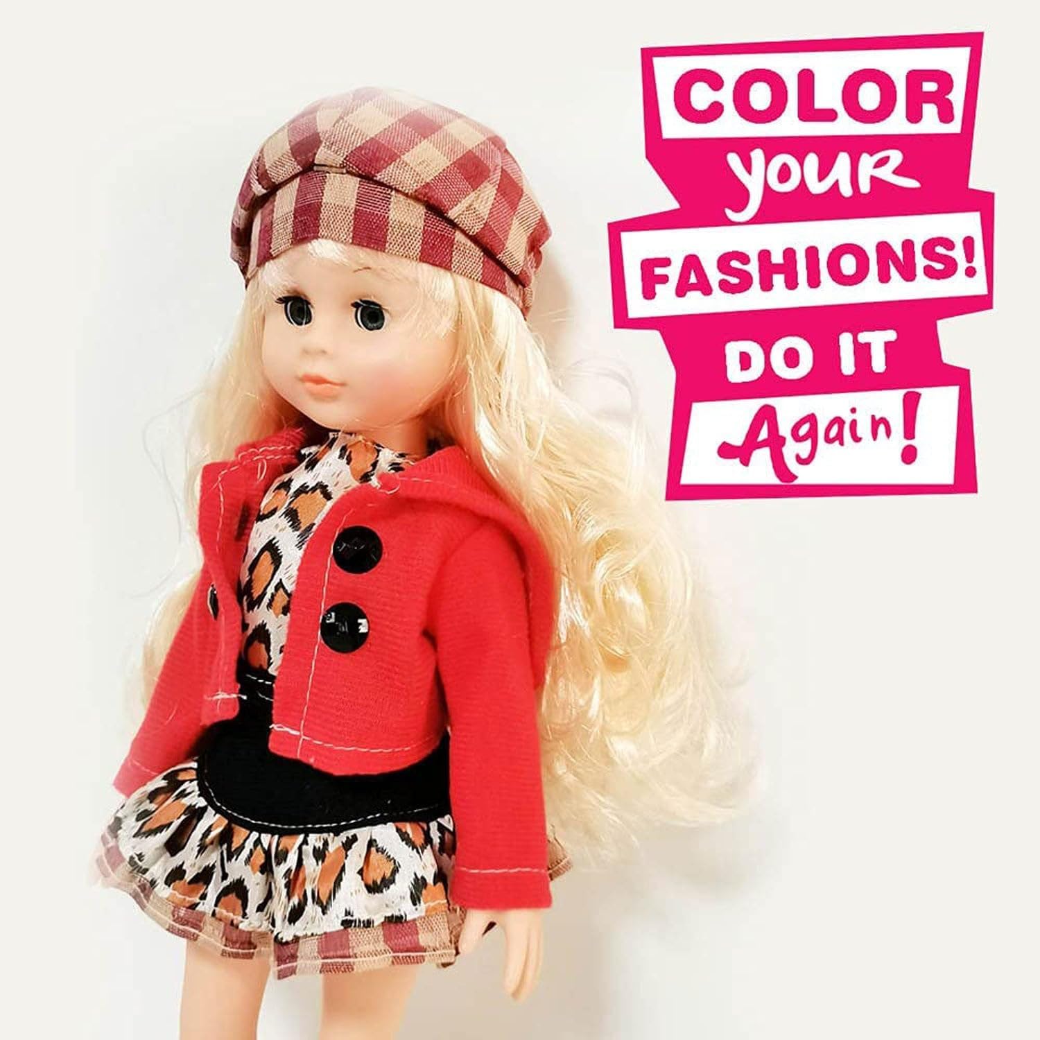 72 Pieces Blond Hair Poseable American Dolls with Hat (Leopard Dress & Red Jacket Pretty Doll 14Inch Size with Accessories Toys For Girls)