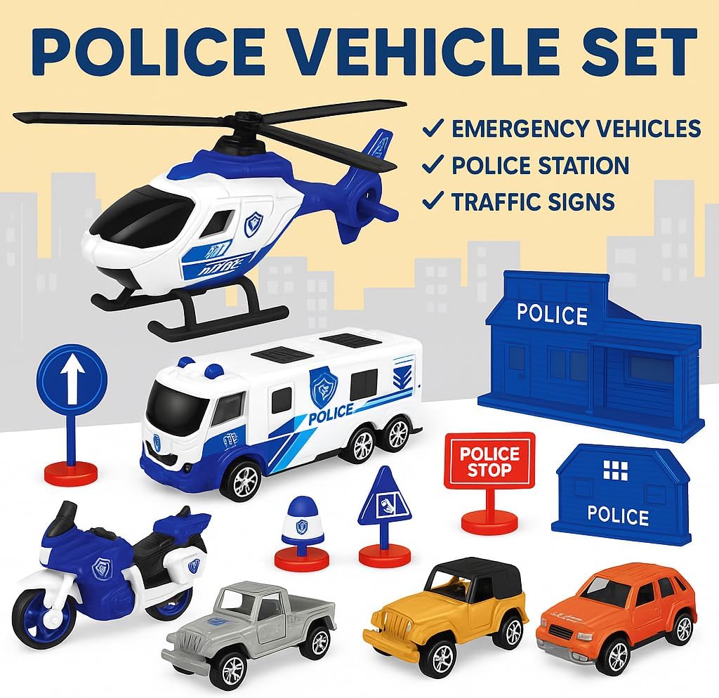 96 Pieces Premium Police Toy Sets for Kids - Includes Cars (Trucks – Helicopter – Barricades & Sign Boards - Durable Plastic Playset for Imaginative Play)