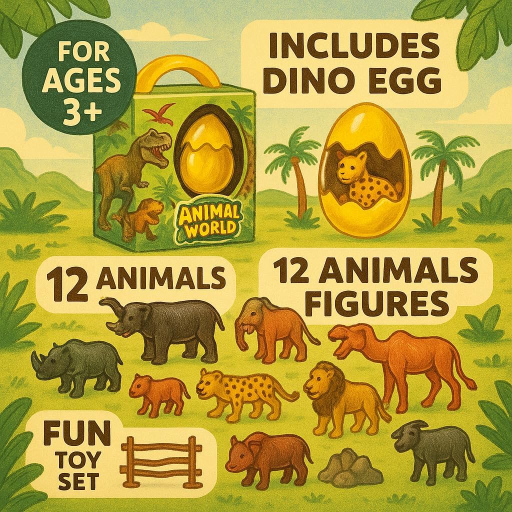 Premium Plastic Animal Toy Set - Includes Hippo, Giraffe, Camel, Horse, Tiger, Lion, Elephant & More - Educational & Fun Wildlife Figures for Kids