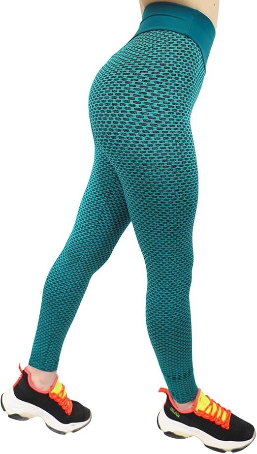 Fitto Chain Patterned Leggings - High Waisted Workout Gym Yoga Honeycomb Pants for Women (Medium, Teal)