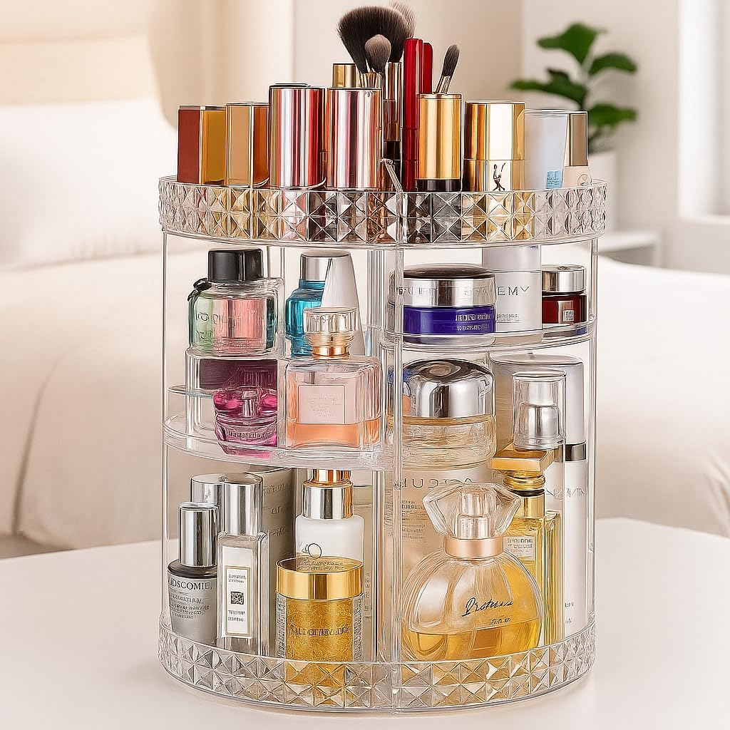 72 Pieces Rotating Makeup Organizers (Large Perfume Cosmetics Organizer – Beauty Organizer – Clear – 7 Layers – Detachable Shelves – for Bedroom Dresser or Vanity Countertop)