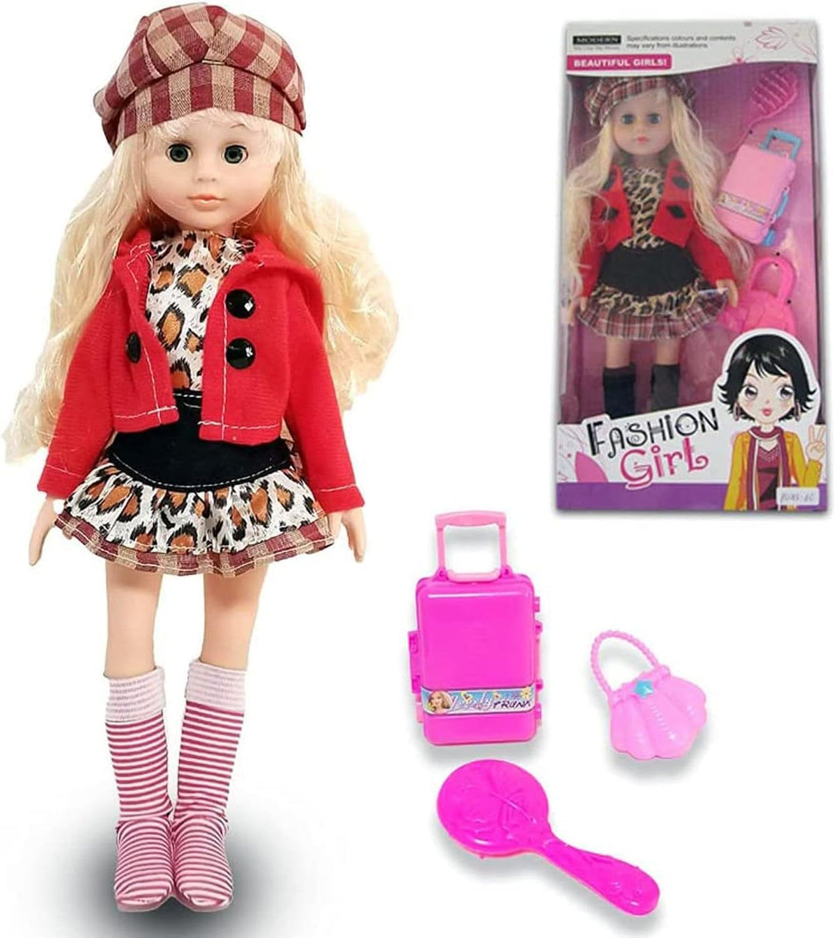 72 Pieces Blond Hair Poseable American Dolls with Hat (Leopard Dress & Red Jacket Pretty Doll 14Inch Size with Accessories Toys For Girls)