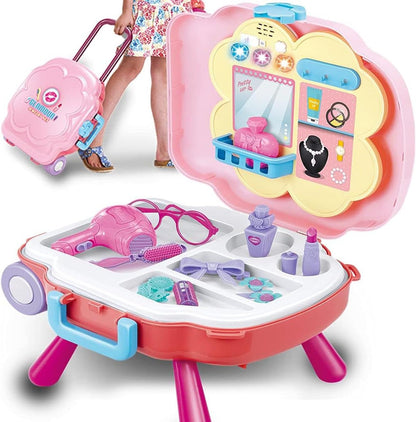 Kidwala 2 In 1 Girls Pretend Play Makeup Bag With Music and Light, Large Rolling Bag, and Table