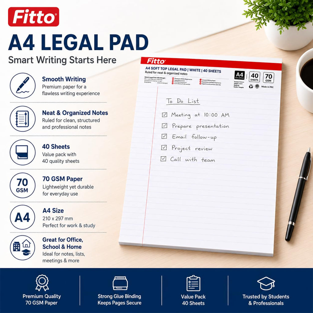 120 Pieces A4 Ruled Legal Pads (40 Sheets – 70 GSM White Paper – Top-Bound Writing Pad for Office – School and Home)