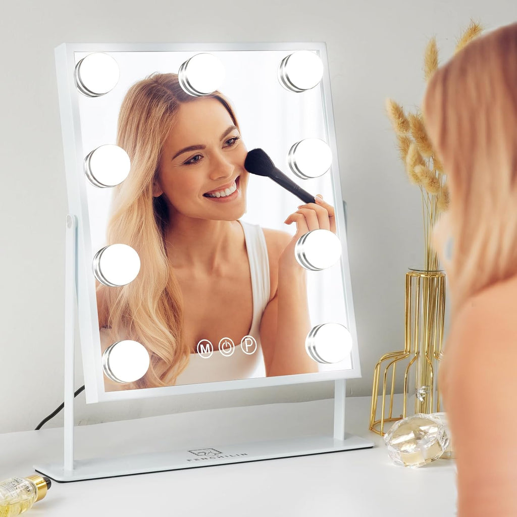 72 Pieces Vanity Mirrors with Lights (Hollywood Makeup Mirror with 9 LED Bulbs – 3 Colors Dimmable Light – 360° Rotation – White - Perfect for Beauty and Grooming)