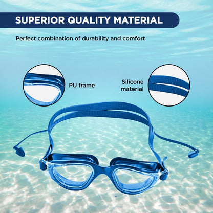 Blue Swimming Goggles with Anti-Fog, UV Protection, Adjustable Strap & Ear Buds – Silicon & Plastic Design