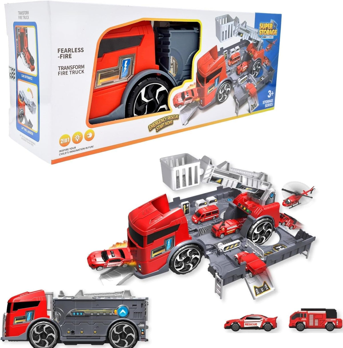 72 Pieces 2 Ins (1 Large Firefighter Truck and Fire Station and 2 Die Cast Cars)