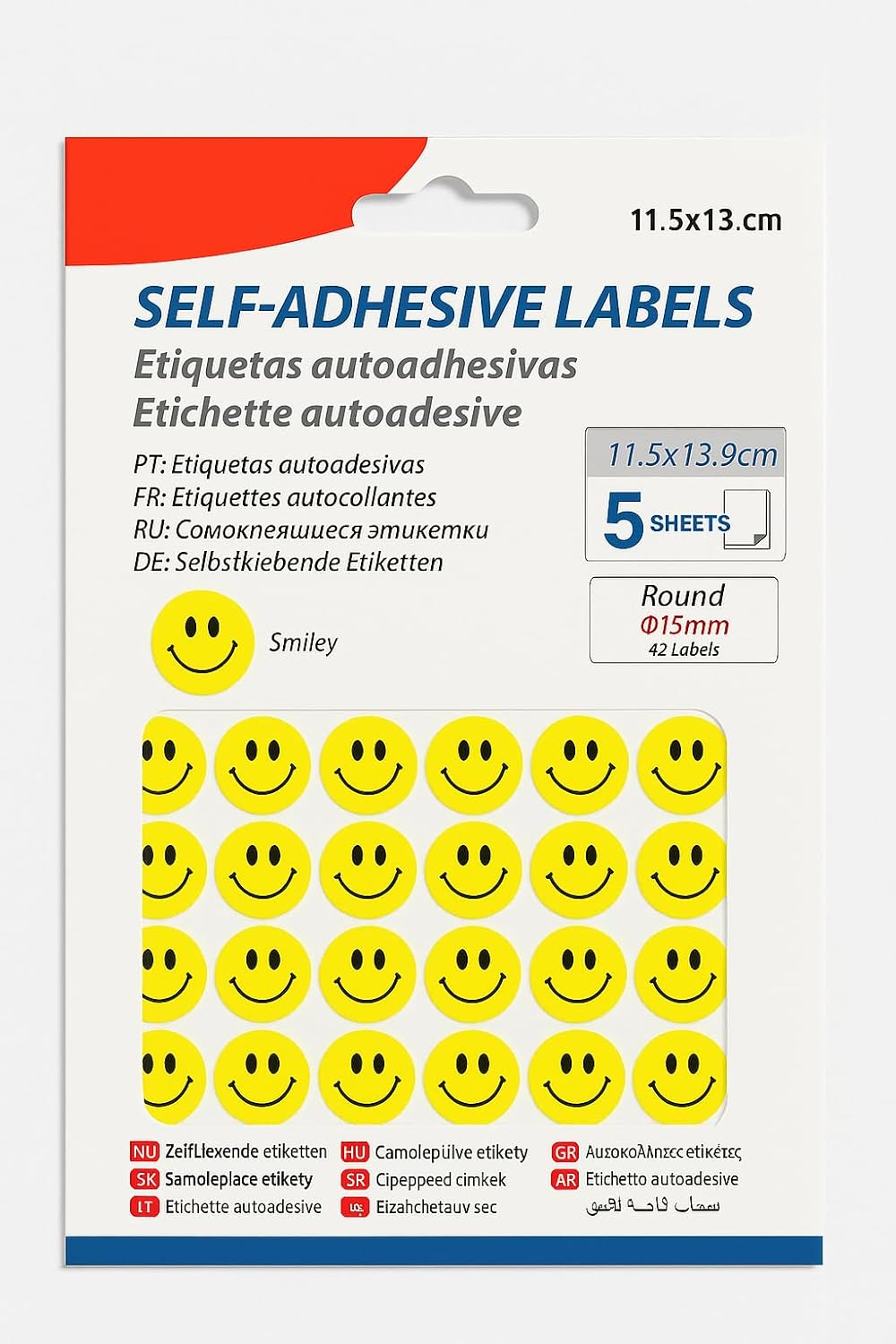 240 Pieces Adhesive Labels Smiles (5 Sheets – 42 Round Labels – 15mm – 11.5x13.9cm – Stickers for Organizing – Crafting – Office Use)