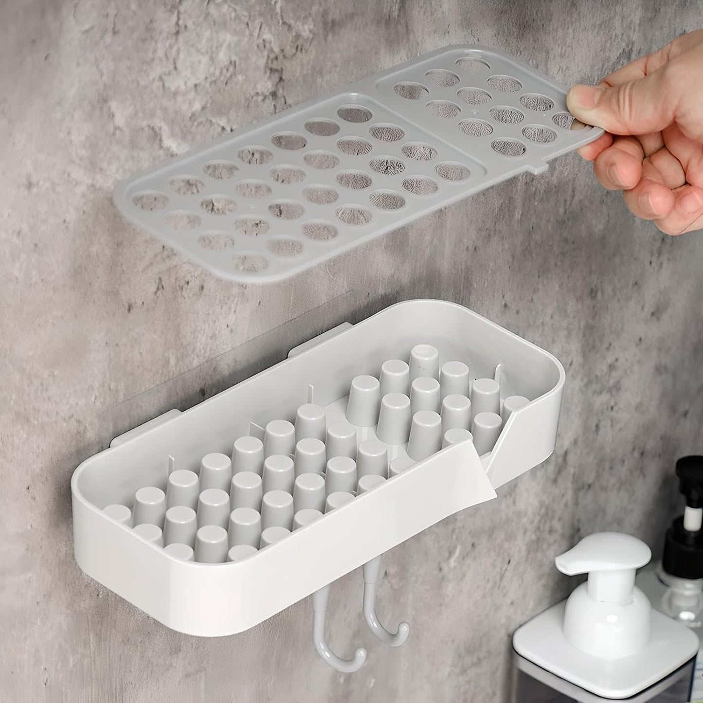 Luxury Wall Mounted Soap Box with Drain Compartment & 2 Hooks – Modern Self-Adhesive Design for Bathroom & Kitchen – Space-Saving 2024 Rockstar Model for Clutter-Free Organization