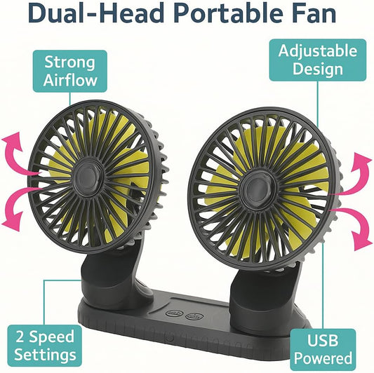 Dual Head Car Fan 5V USB Electric Cooling Fan, 3-Speed 360° Rotating Air Circulator, Dashboard Mounted, Energy-Efficient with Aromatherapy Tablets for Car, Home, Office