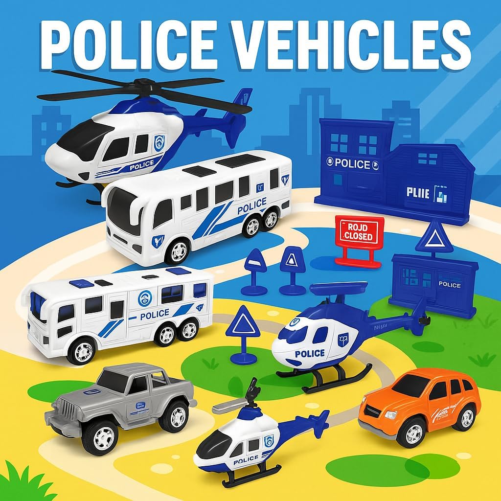 96 Pieces Premium Police Toy Sets for Kids - Includes Cars (Trucks – Helicopter – Barricades & Sign Boards - Durable Plastic Playset for Imaginative Play)