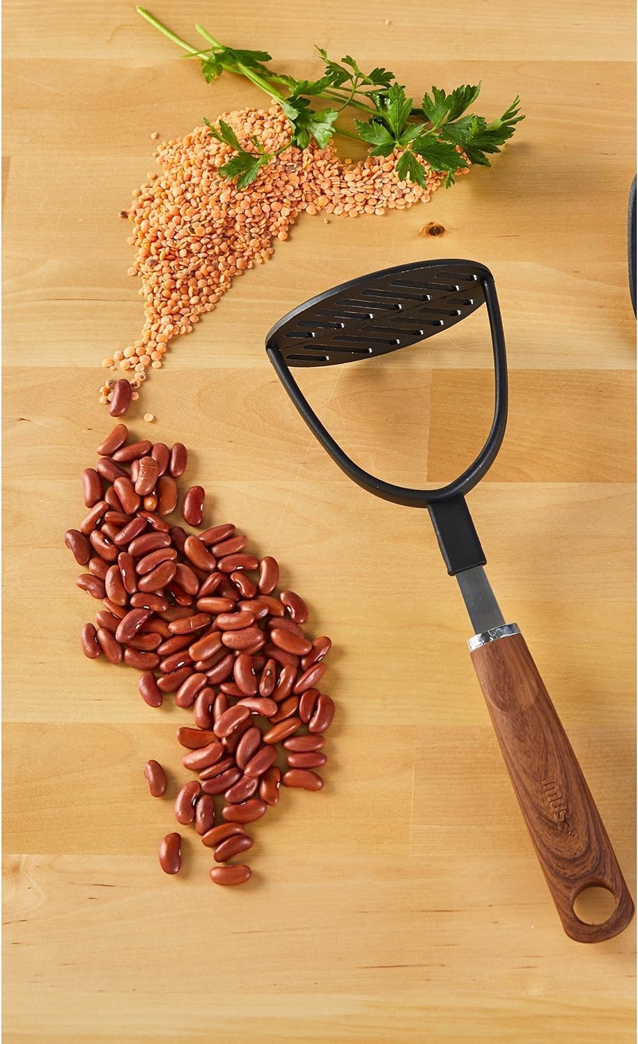 Bean Masher with Wood Look Handle – Durable Black Nylon Head, Soft Touch Grip, Non-Scratch for Enamel, Ceramic & Nonstick Cookware – Ideal for Everyday Use