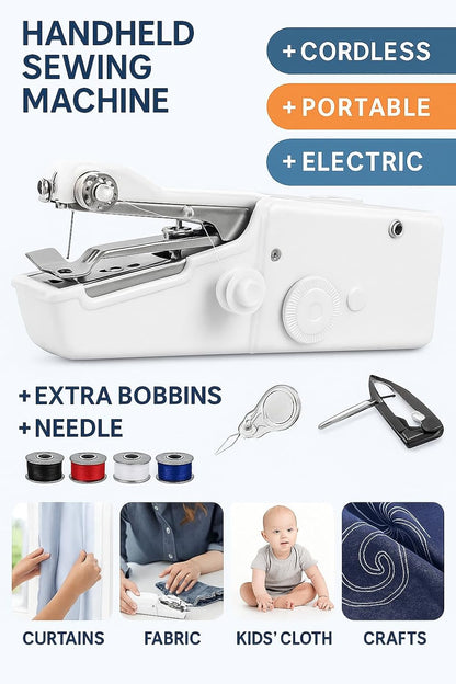 Handheld Sewing Machine, Portable Electric Stitch, Cordless, Extra Bobbins, Needle, for Curtains, Fabric, Kids Cloth, Crafts, Home Travel