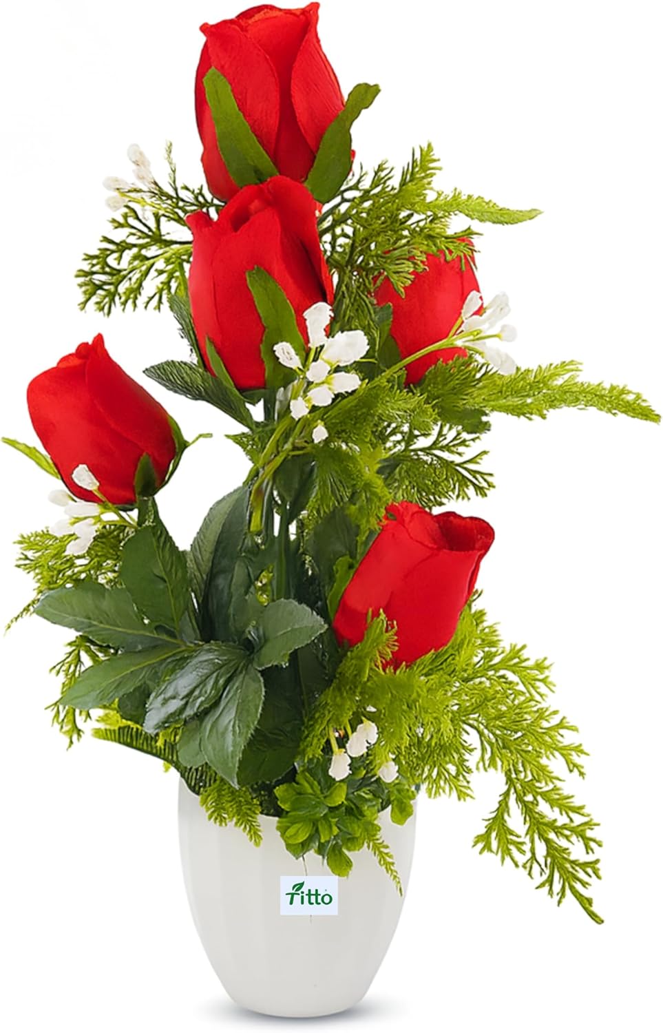Artificial Red Rose Arrangement in White Pot with Green Foliage