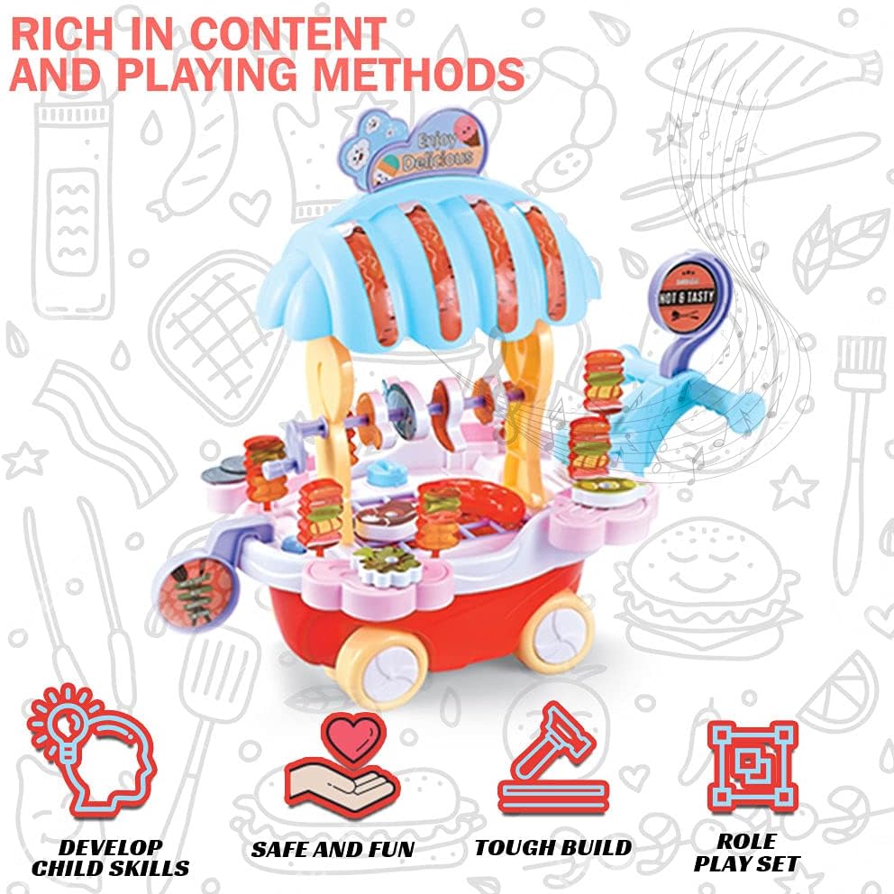 72 Pieces BBQ music trolley food trucks for kids with rotating wheels red base & blue Umbrella roof truck (pretend play toys for girls educational food truck with Music & Lighting toy for boys & girls)