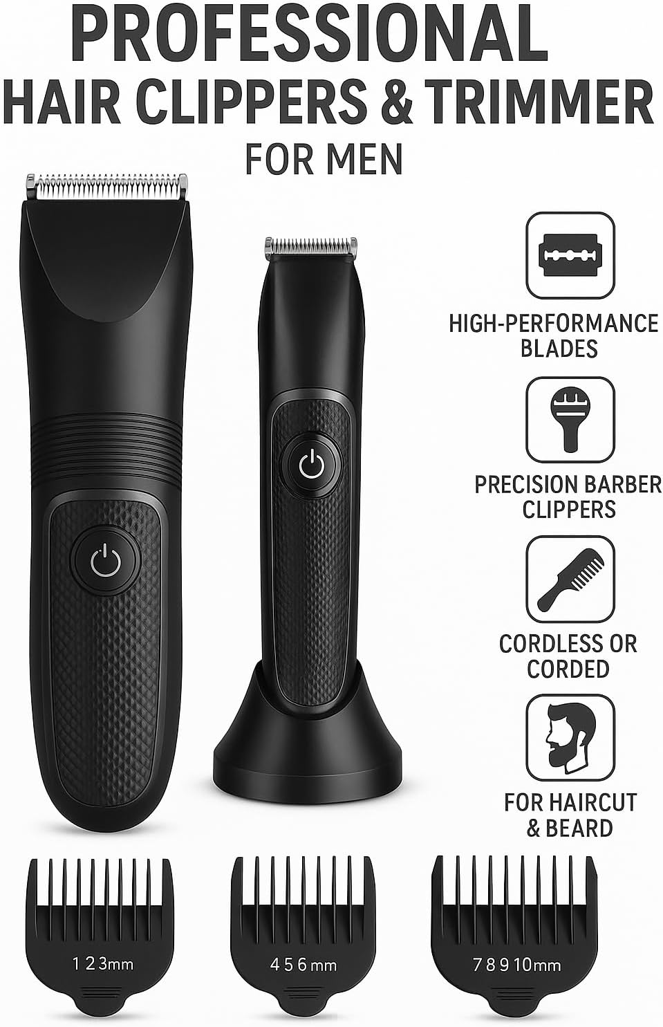60 Pieces Professional Hair Clippers and Trimmer Sets for Men (Precision Barber Clippers with High-Performance Blades – Corded Electric Grooming Kit for Haircut – Beard – and Mustache Trimming)