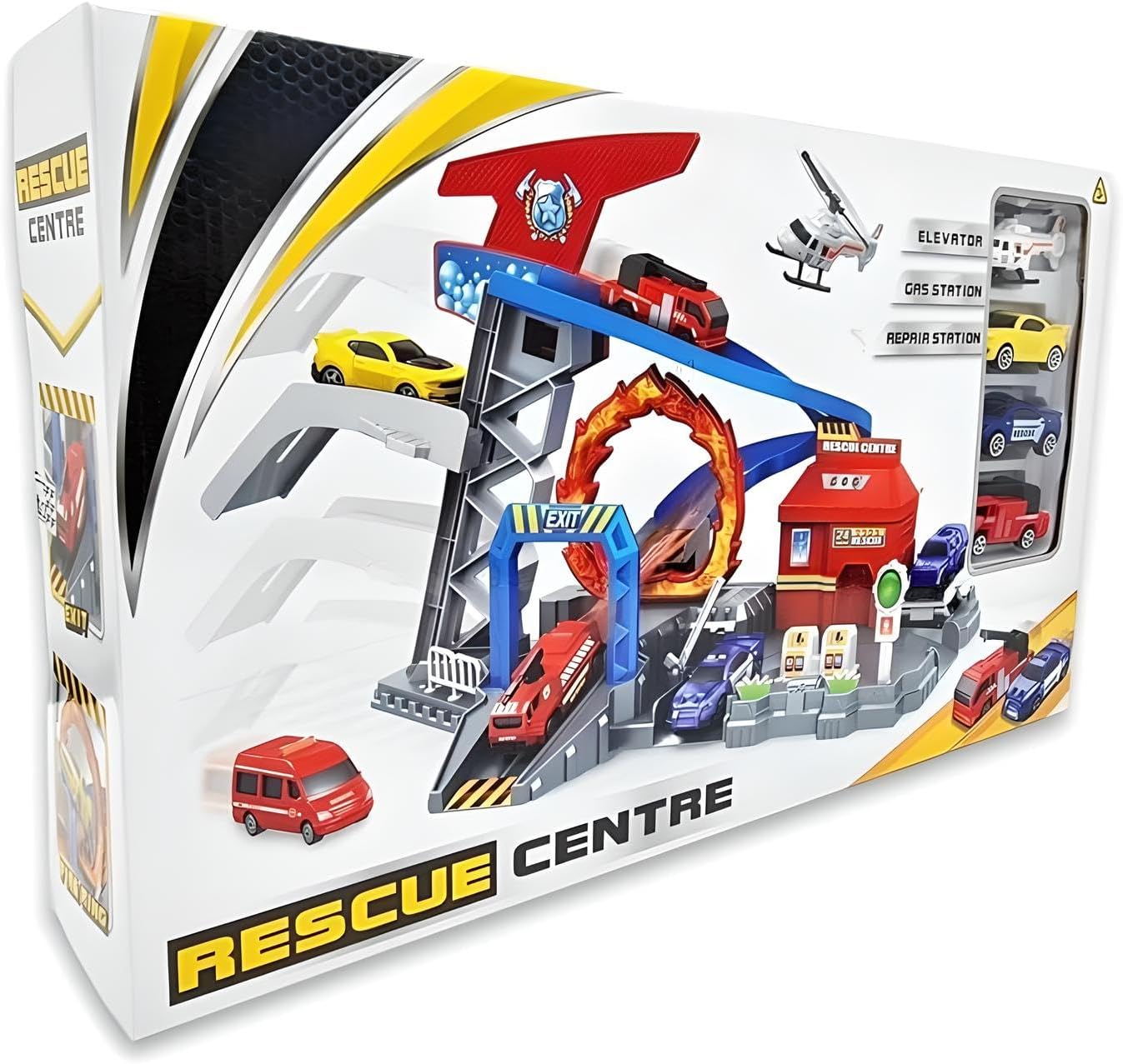 Hot Cars Rescue Center Fire Station Playset with 3 Die-Cast Cars, Helicopter, Light-Up Features & Roller Coaster Track