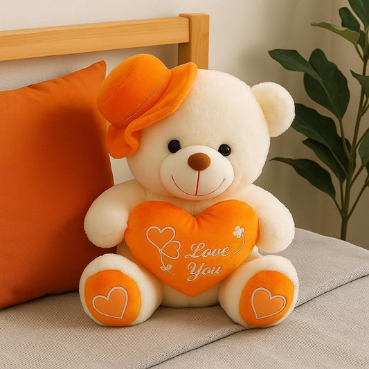 White & Orange Teddy Bear with Cap 35cm – Plush Toy for Kids, Caps & Cuddly Bear
