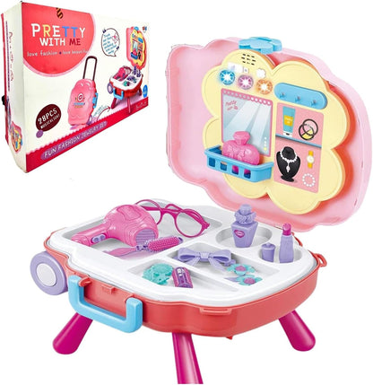 Kidwala 2 In 1 Girls Pretend Play Makeup Bag With Music and Light, Large Rolling Bag, and Table