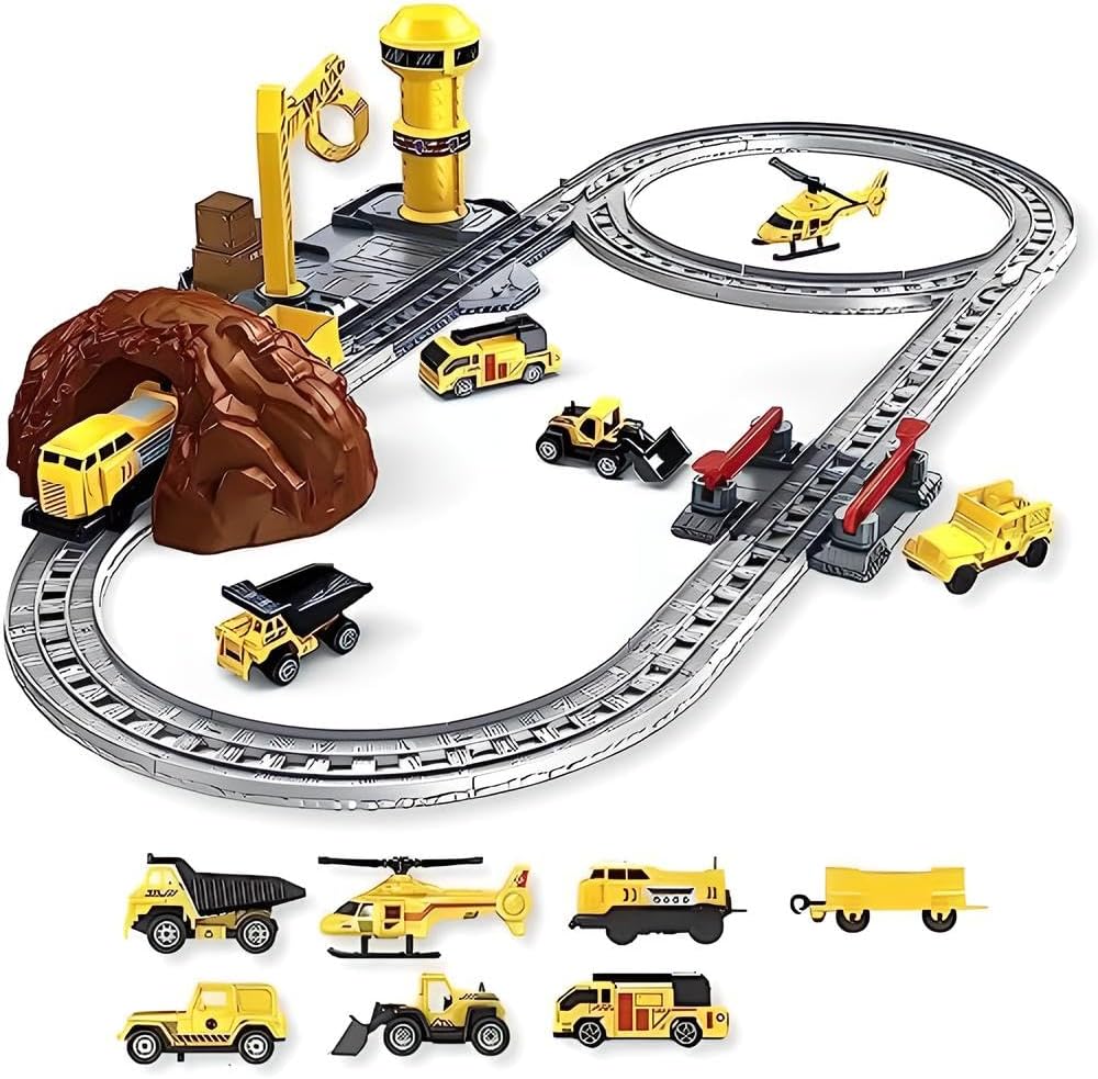 60 Pieces Kids Train Toy Playset - Bright Yellow Construction Trains with Service Vehicles (Tracks – and Crane - Perfect for Imaginative Play and STEM Learning)