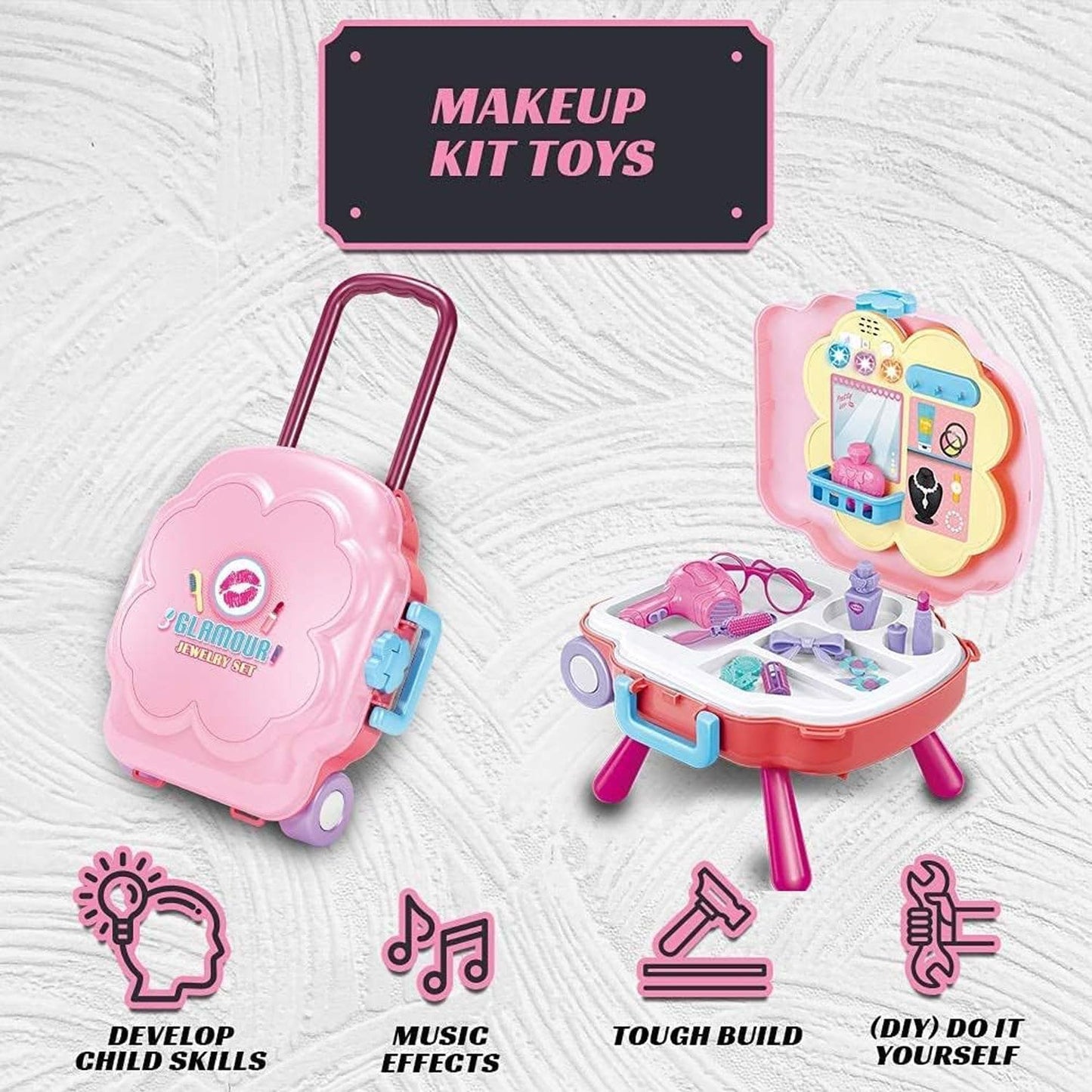 Kidwala 2 In 1 Girls Pretend Play Makeup Bag With Music and Light, Large Rolling Bag, and Table