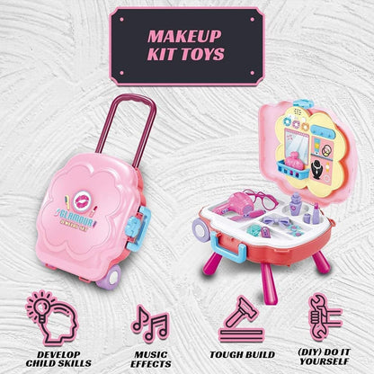 Kidwala 2 In 1 Girls Pretend Play Makeup Bag With Music and Light, Large Rolling Bag, and Table