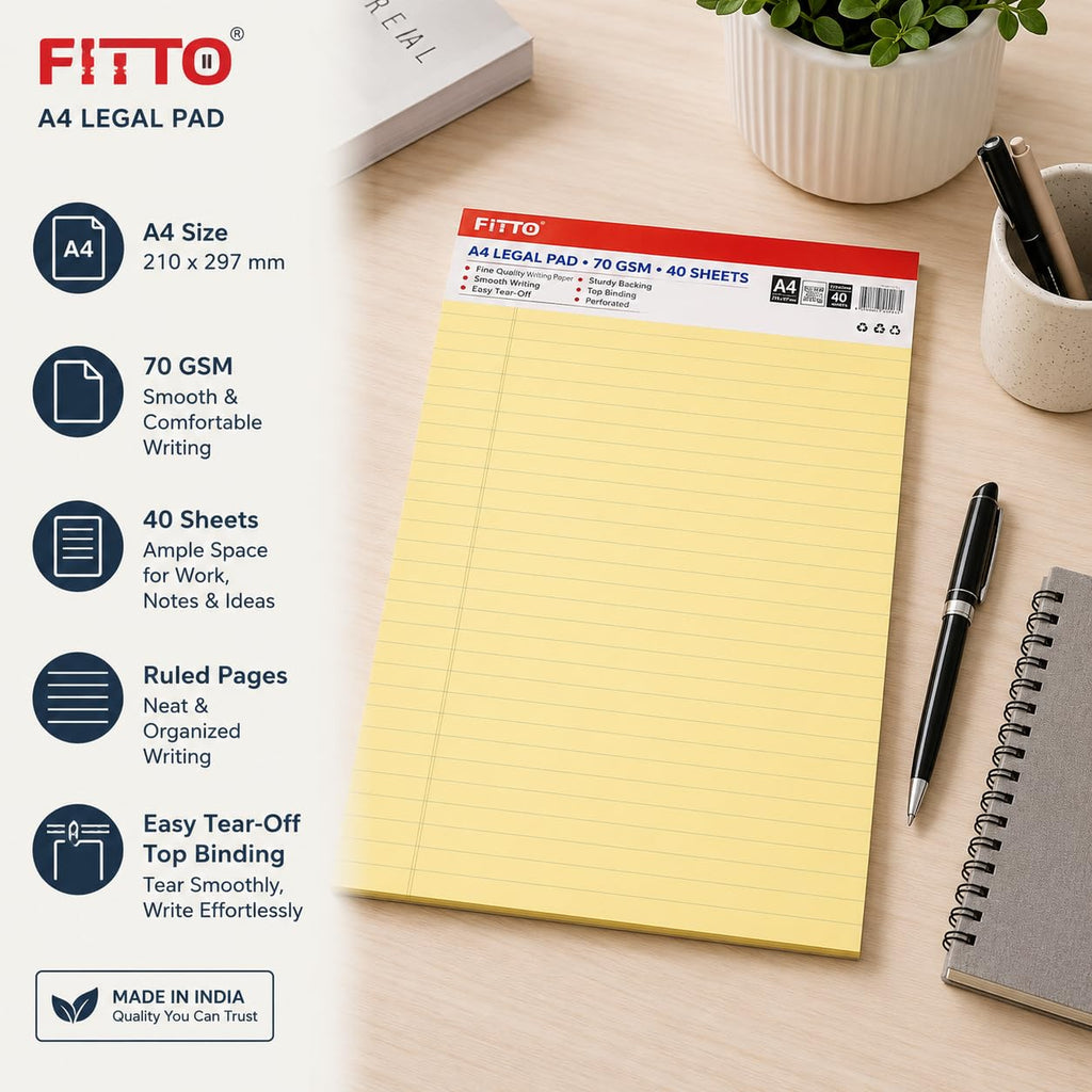 120 Pieces A4 Legal Pads (40 Sheets – 70 GSM Yellow Ruled Writing Pad with Top Binding and Easy Tear-Off Pages)