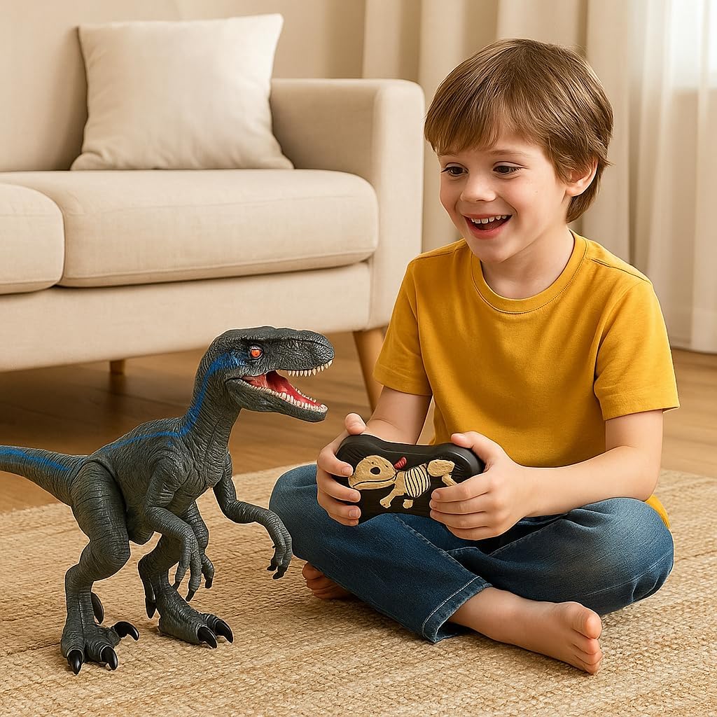 48 Pieces Remote Control Velociraptor Dinosaur Toys with Moving Legs (Glowing Eyes – Rechargeable Battery – Sounds and Light)