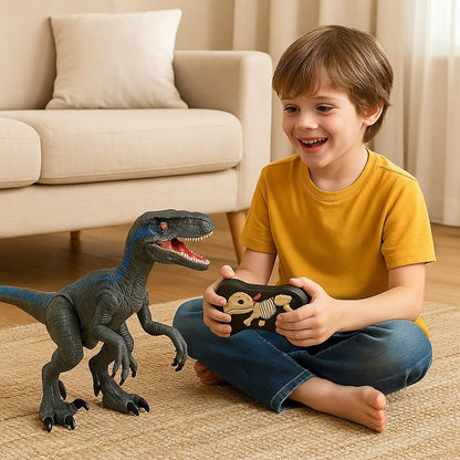 Remote Control Velociraptor Dinosaur Toy with Moving Legs, Glowing Eyes, Rechargeable Battery, Sounds and Light