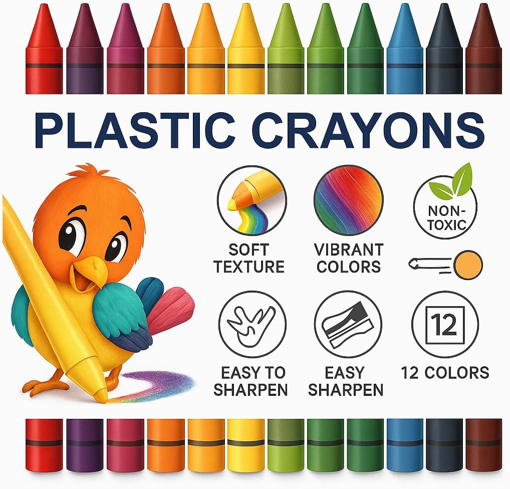 12 Pieces Plastic Cryons Size 12cm 12 Colors for Crafts, School & DIY Projects