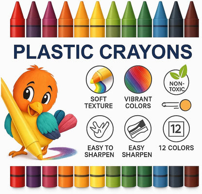 12 Pieces Plastic Cryons Size 12cm 12 Colors for Crafts, School & DIY Projects