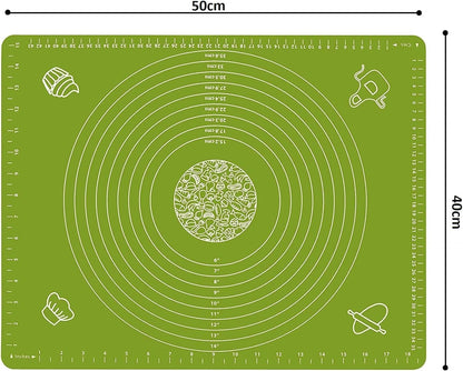 Washable Silicone Non-Stick Baking Mat – Reusable Fondant Rolling Sheet with Measurements, Easy to Clean, Ideal for Kneading & Baking (50x40cm, Green)
