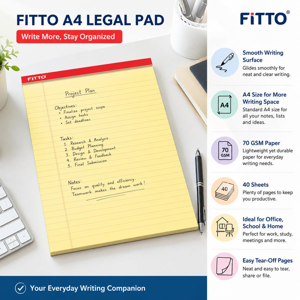 120 Pieces A4 Legal Pads (40 Sheets – 70 GSM Yellow Ruled Writing Pad with Top Binding and Easy Tear-Off Pages)